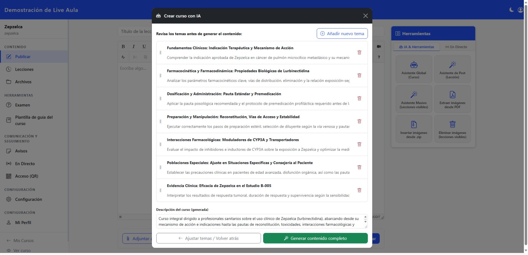 Paso 2: Revisión y edición del temario generado por la IA en Live Aula