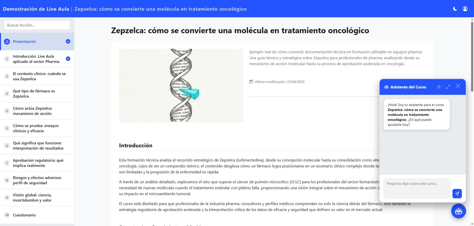 Paso 3: Curso interactivo publicado en Live Aula con asistente de tutoría IA integrado
