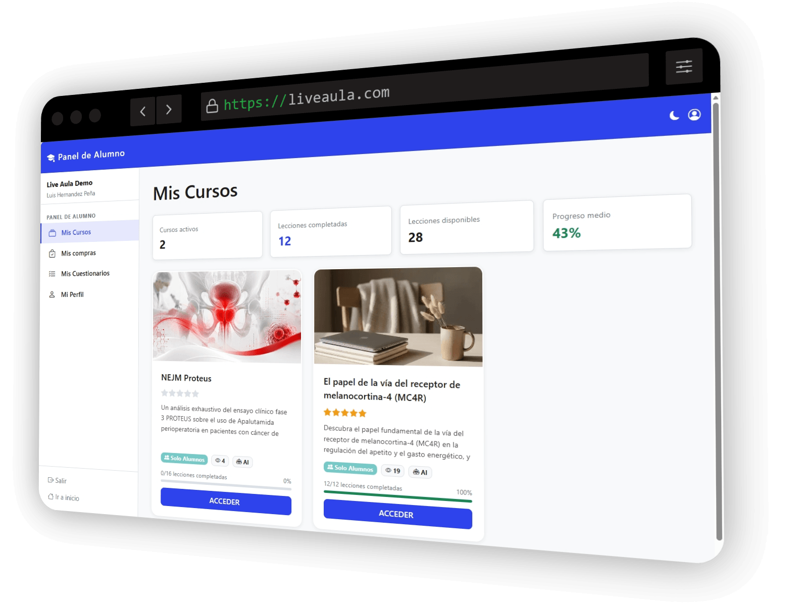 Live Aula student dashboard with courses and training progress